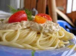 Спагетти с курицей и сырно-грибным соусом